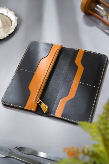 Black Hand stitched Long Wallet in Tan having RIRI Zipper