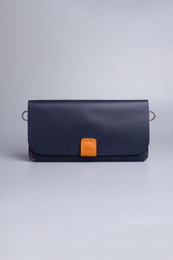 Carry on leather wallet with shoulder strap in navy in Pakistan.