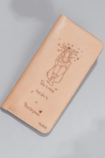Imported genuine long leather wallet in nude with girl with planet halo painting in Pakistan.