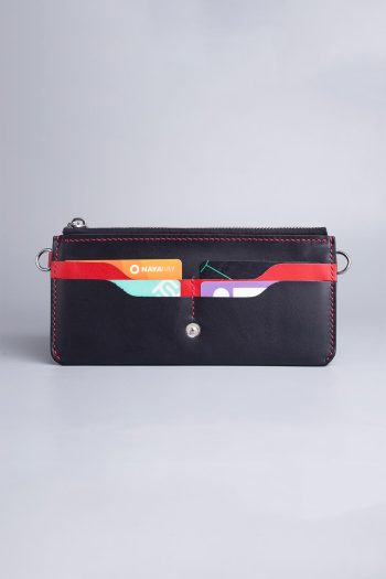 Carry on leather wallet with shoulder strap in black in Pakistan.