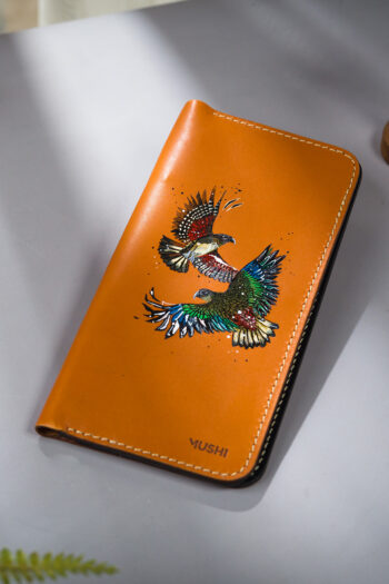 Imported genuine long leather wallet in beige with colourful birds painting in Pakistan.