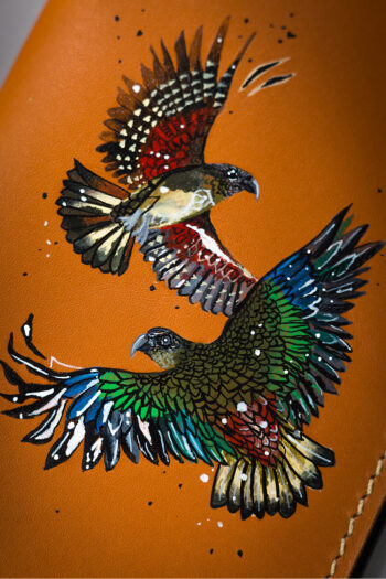 Imported genuine long leather wallet in beige with colourful birds painting in Pakistan.