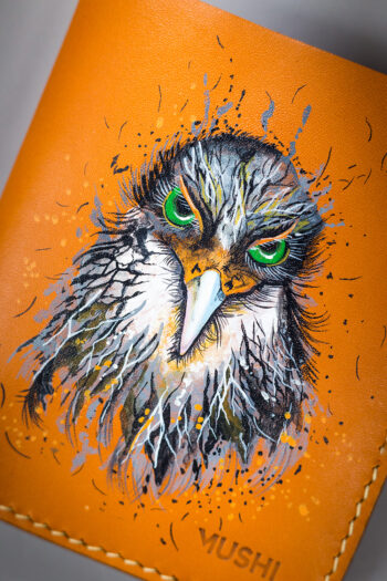 Genuine minimalist leather wallet with pull-out strap in beige with hawk painting in Pakistan.