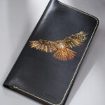 Imported genuine long leather wallet in black with owl flying painting in Pakistan.