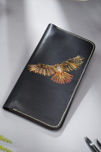 Imported genuine long leather wallet in black with owl flying painting in Pakistan.