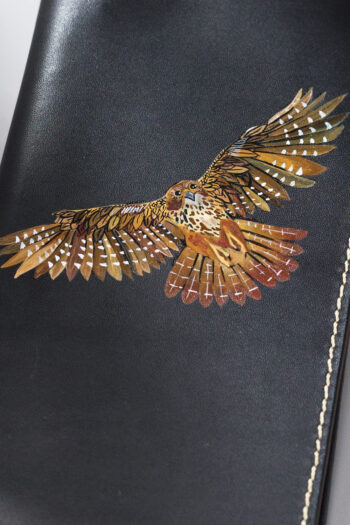 Imported genuine long leather wallet in black with owl flying painting in Pakistan.