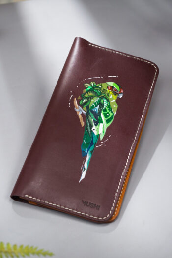 Imported genuine long leather wallet in burgundy with green parrot painting in Pakistan.