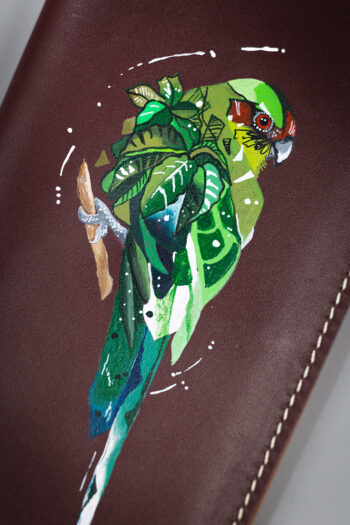 Imported genuine long leather wallet in burgundy with green parrot painting in Pakistan.