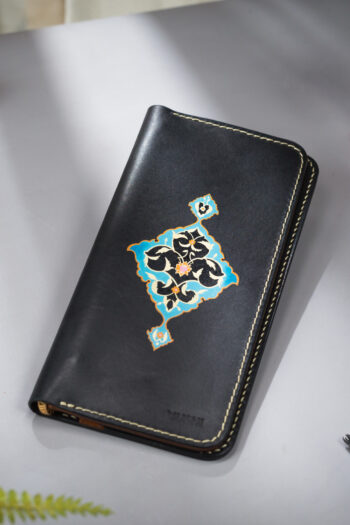 Full grain leather long wallet with Turkish hand-painted art with leather acrylics