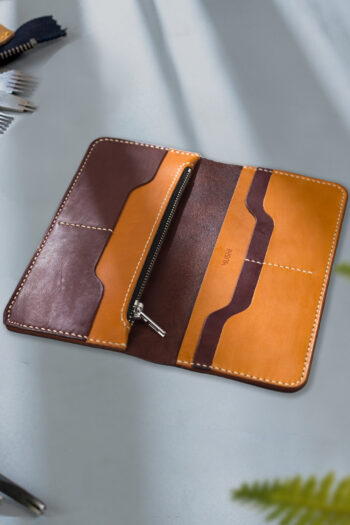 Leather Long wallet design in Burgundy and Tan colour combination