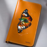 Imported genuine long leather wallet in beige with colourful butterfly painting in Pakistan.