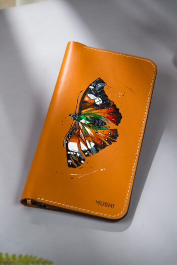 Imported genuine long leather wallet in beige with colourful butterfly painting in Pakistan.