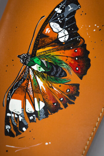 Imported genuine long leather wallet in beige with colourful butterfly painting in Pakistan.