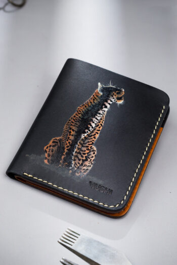 Genuine leather minimalist wallet with leopard painting, 4 slots and pull-out strap in Pakistan