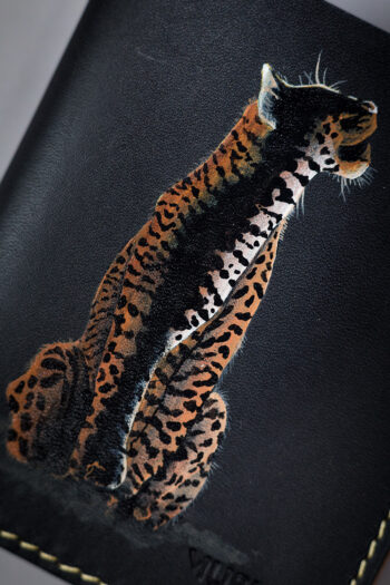Genuine leather minimalist wallet with leopard painting, 4 slots and pull-out strap in Pakistan