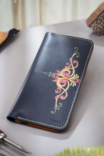Navy leather wallet for women with traditional border design by MUSHI