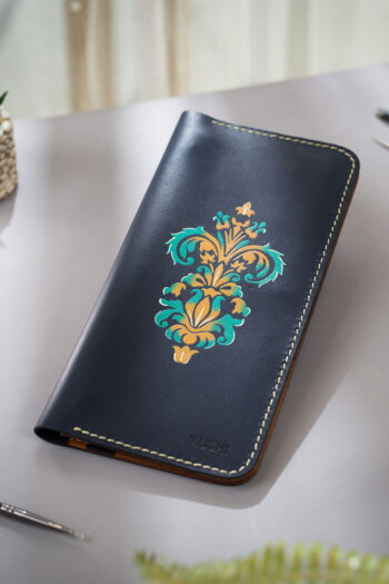 Genuine blue leather wallet prepared by MUSHI