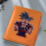 Hand-painted Goku artwork on handcrafted leather wallet for men by MUSHI.