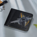 leather wallet with detailed JF-17 Thunder jet artwork and fire spike design along the bottom.
