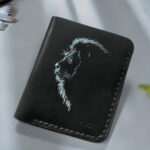 Black leather wallet with minimalist lion art – gift for him