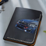 Handcrafted leather wallet with BMW-inspired artwork by Mushi