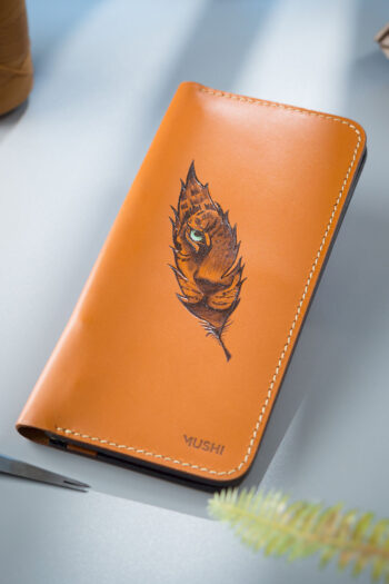 Luxurious long Orange leather Art wallet by MUSHI