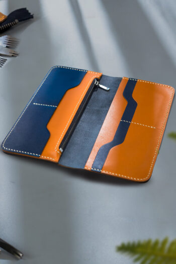Long Blue and ten Leather Wallet with Wax Thread stitching by Hands