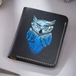 Full Grain Black Leather Blue OWL Handmade Customize Wallet Prepared By MUSHI