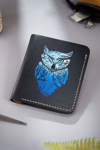 Full Grain Black Leather Blue OWL Handmade Customize Wallet Prepared By MUSHI