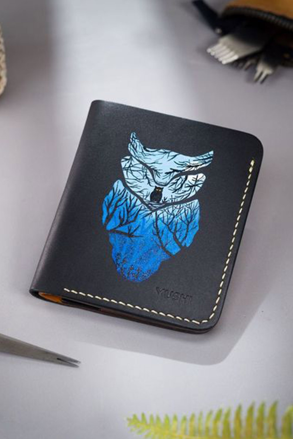 Gents OWL blueArt Wallet by MUSHI Full Grain Black Leather Blue OWL Handmade Customize Wallet Prepared By MUSHI