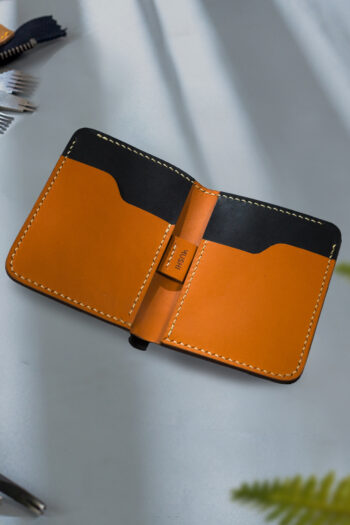Genuine Wallet Orange and black with Wax Thread stitching by Hands