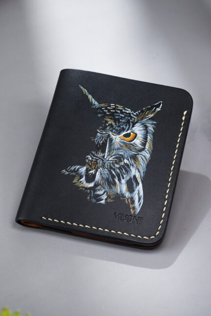 Full Grain Black Leather OWL Handmade Customize Wallet Prepared By MUSHI