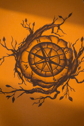 Beautiful Pyrography of Ancient Compass prepared on MUSHI Wallet in Pakistan