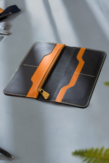 Stitching by Hands on Long Leather Wallet with Wax Thread