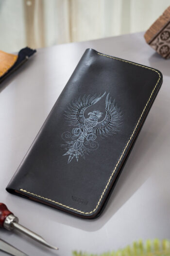 Minimalist leather wallet gift with symbolic Phoenix artwork
