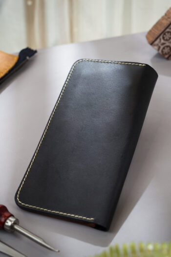 Genuine long black leather handmade Wallet