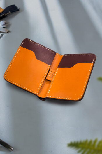 Size Compact leather Wallet with Wax Thread stitching by Hands Tan and orange