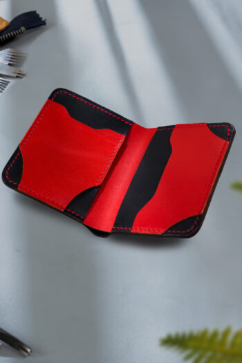 Red compact Leather Wallet with Wax Thread stitching by Hands