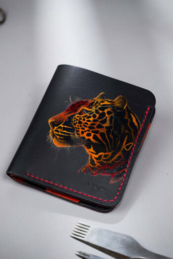 Artistic minimalist leather wallet with cheetah painting