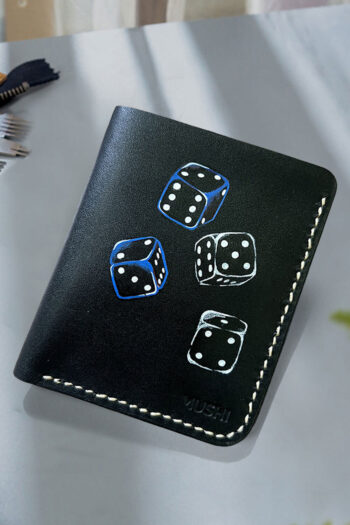 Unique hand-painted leather wallet with dice illustration, perfect gift for risk-takers