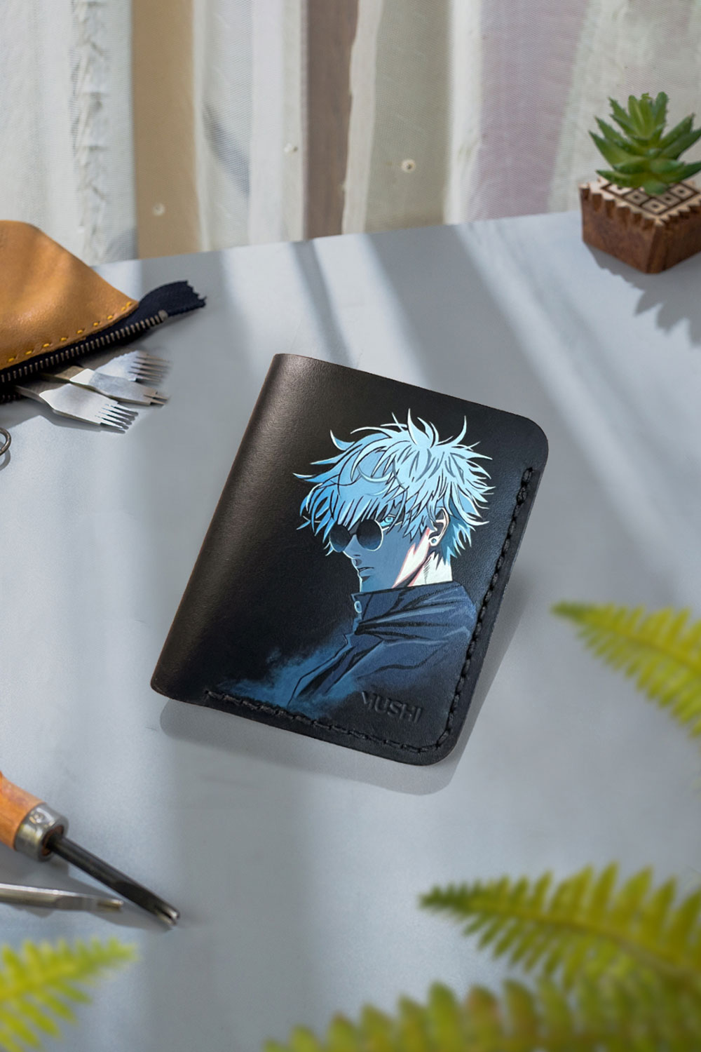 Saturo Goju - Premium Leather Wallet Hand-painted Satoru Gojo Jujutsu Kaisen leather wallet by MUSHI.