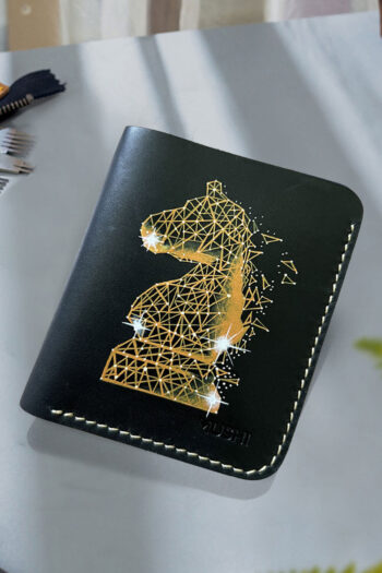 Hand-painted chess knight leather wallet, minimalist design, perfect luxury gift for men