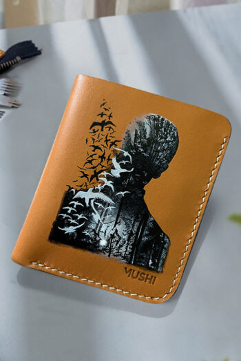 Hand-painted leather wallet featuring Moonlit Dream design, luxury handmade artisan wallet