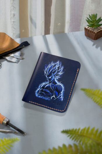 Hand-painted Vegeta leather wallet – Dragon Ball Z anime collectible by MUSHI