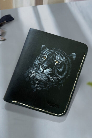 Hand-painted leather wallet featuring tiger eyes, luxury handmade artisan wallet
